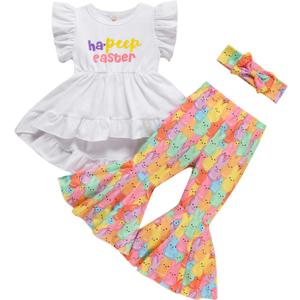 Noubeau Toddler Baby Girl Easter Outfits Ruffle Letter Rabbit Print Dress Shirt Top Leopard Bell-Bottom Flare Pant Headband (White)