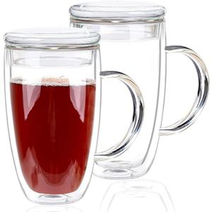 15 Oz Double-Walled Glass Coffee Mugs, 2-Pack Clear Coffee Mugs with Lids, Insulated Coffee Cups with Handles - Perfect for Cappuccino, Tea, Milk, Espresso, Latte, and Hot Beverages, Set of 2 (Glass lid, 15oz) (Glass lid, 15oz)