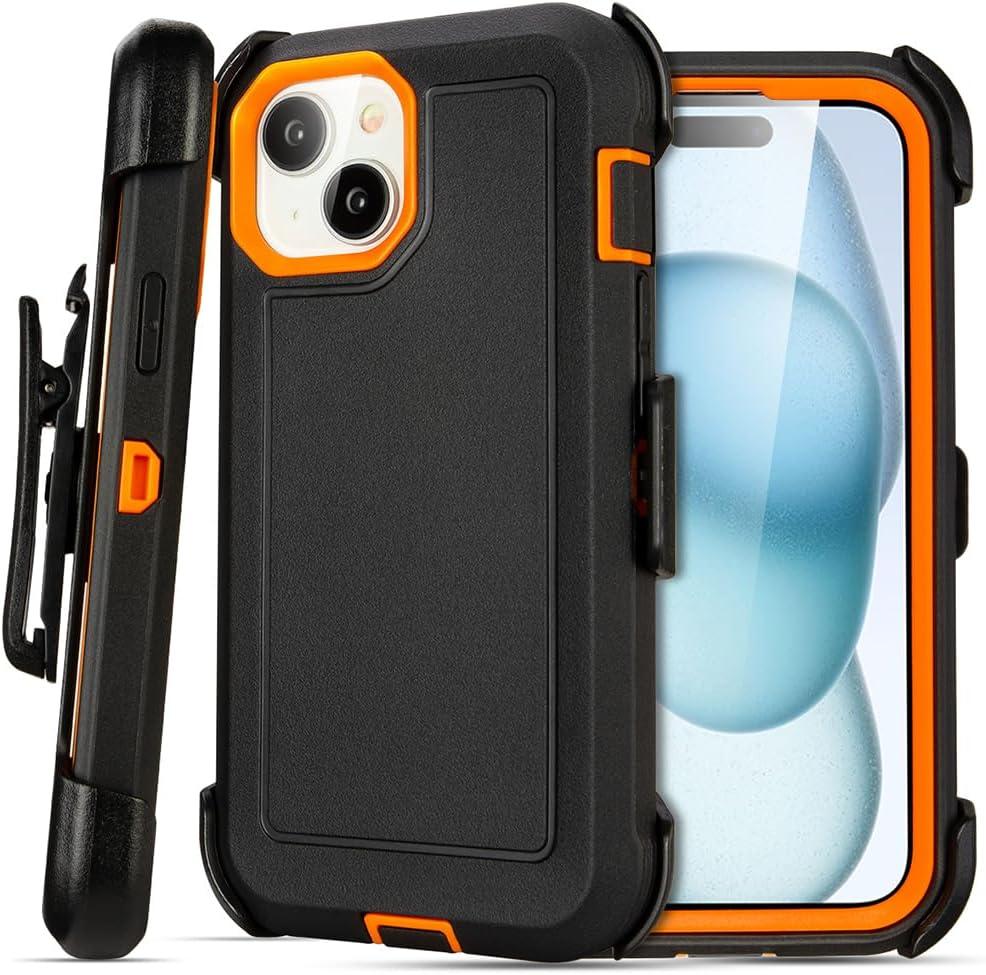 for iPhone 15 Case with Clip Belt Holster, Heavy Duty Military Grade Drop Protective Case for iPhone 15 6.1 case (Black+Orange)
