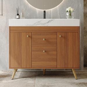 GDFStudio 36" Modern Bathroom Vanity with Sink, Freestanding Cabinet with Sintered Stone Top, Ceramic Basin, Double Side Cabinets & Center Drawers, Stainless Steel Legs, Storage Vanity, Walnut,White