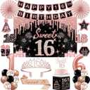Sweet 16 Birthday Decorations for Girls,32PCS 16th Birthday Party Decorations Kit,Including Backdrop, Crown, Sash, banner, Hanging Swirl,Cake Topper,balloons,Paper Fans,Anniversary Card and paper fans
