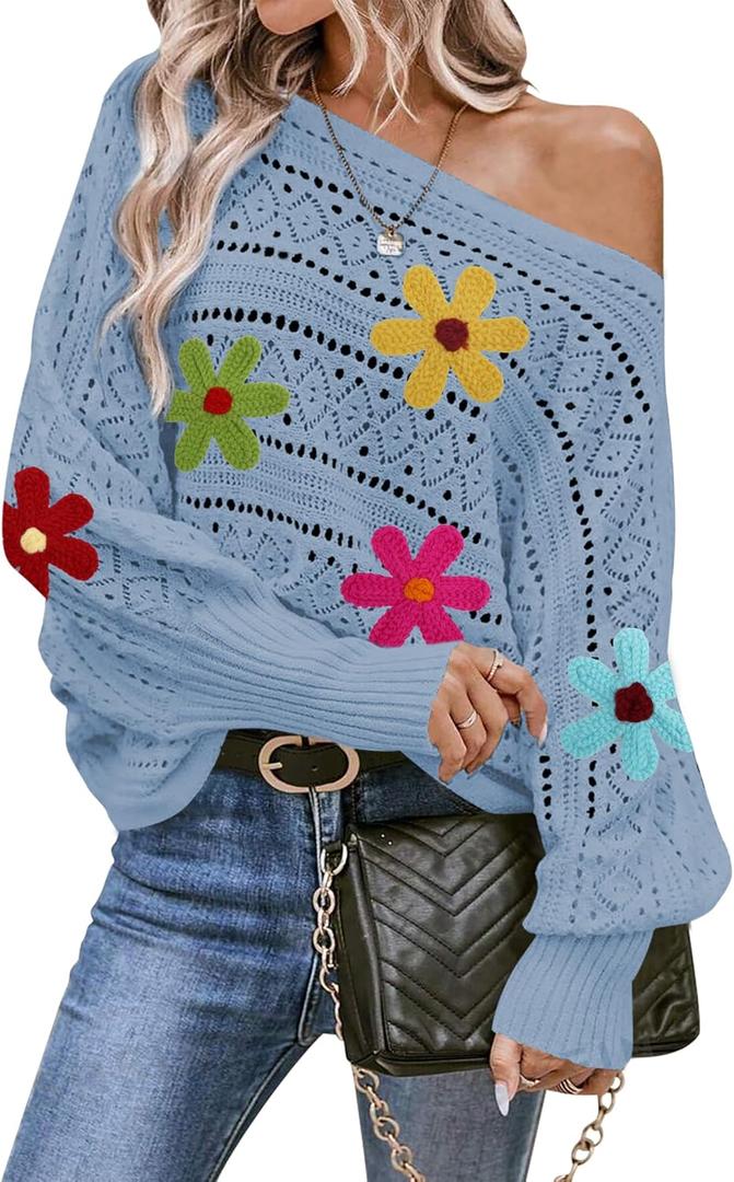 Cakulo Womens Off The Shoulder Sweater Top Fall 2025 Oversized Knit Batwing Long Sleeve Crochet Pullover Sweaters (Medium, Y- Flower Blue)