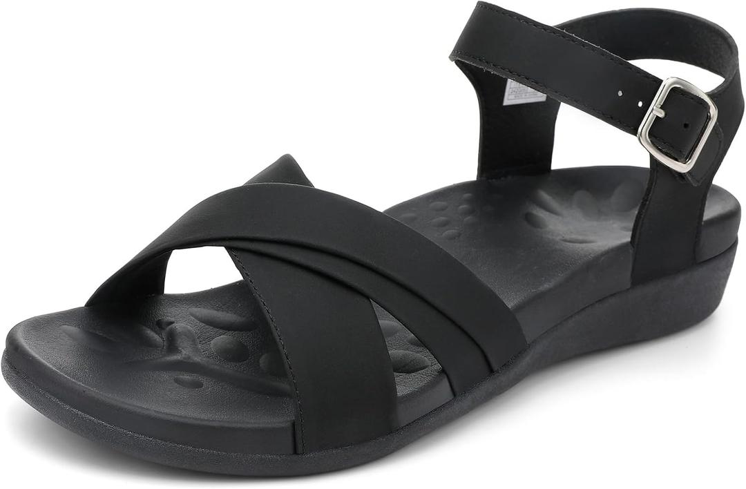 UTENAG Women's Comfortable Walking Flat Sandals Arch Support Ankle Strap Strappy Sandals (11, Black)