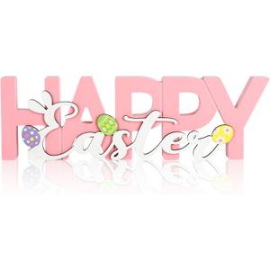 COCHIE Wooden Happy Easter Sign, Spring Decorations for Home, Office, Shelf, Mantel, Indoor, Wood Bunny Ear Egg Decor, Pink Spring Table Top Party Supplies Decoration (Easter)
