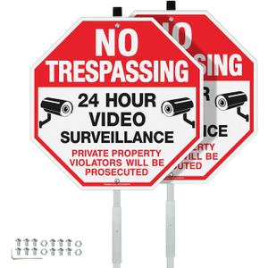 Faittoo No Trespassing Signs Private Property with 42" Stake for Outside, 2-Pack 10"x10" Video Surveillance Sign, Rust Free Aluminum, Reflective, 2 Pre-drilled Holes, Includes Matching Screws & Wren