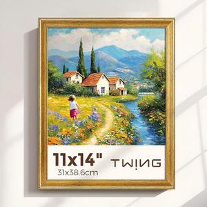 TWING 11x14 Picture Frame,Display Pictures 8x10 with Mat or 11x14 Without Mat,Ornate Picture Frames for Wall Mounting or Table Display,Rustic Gold,1 Pack