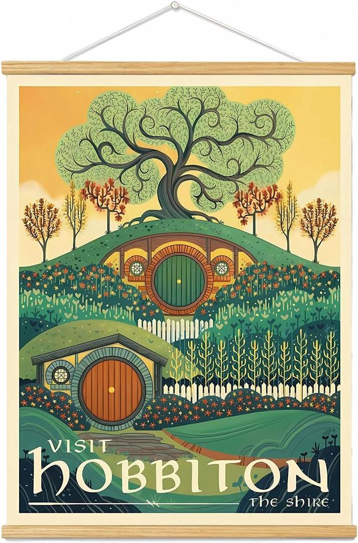 Meksular Middle Earth Landscape Wall Art Prints Canvas PaintingFantasy Posters, Wall Pictures, For Travel Gift, Canvas Art with Frames, For Office Home Decor Bedroom Living Room Decor.16L x 12W (Hobbiton)