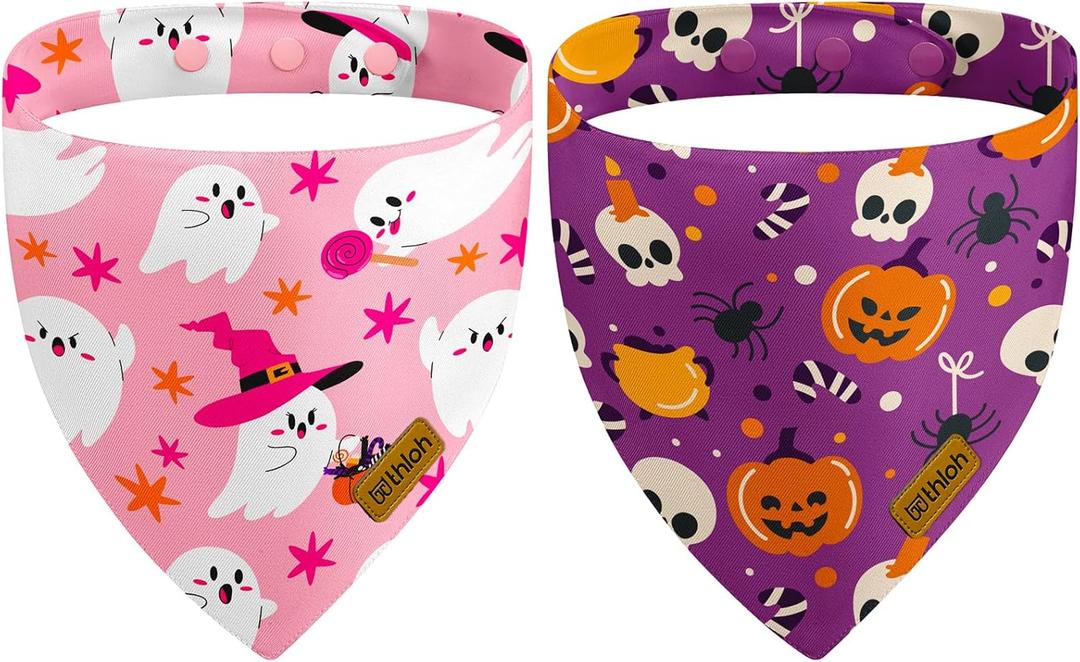 Halloween Dog Bandanas with Snap Button, 2 Pack Pumpkin & Ghost Pet Scarf for Boy & Girl, Premium Durable Fabric, Adjustable Fit, Spooky Bandana for Medium and Large Dogs (Large) (Halloween-Pink, Purple)