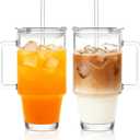 KEMORELA 24oz Clear Glass Cups with Lids and Straws,Glass Tumbler with Handle,2 setReusable Glass Ice Coffee Cups with Lid and Straw for Smoothies,Tea,Juice,Boba Cup for Cold & Hot Drinks,Travel Cup