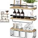 Towel Racks for Bathroom Wall Mounted, 3PCS Floating Shelves with Storage Basket, Bathroom Organizes, Wall Mounted Rustic Wood Shelves for Bedroom, Living Room, Kitchen (Wood)