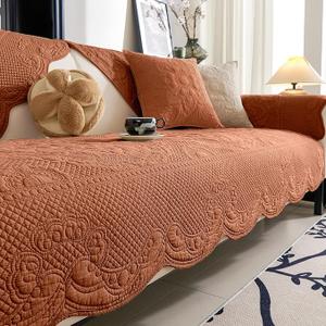 Vctops Boho Cotton Quilted Couch Cover Soft Embroidered Sofa Cover Non-Slip Dog Bed Cover Scalloped Sofa Slipcover Washable Furniture Protector Cover (Orange,36"x70")