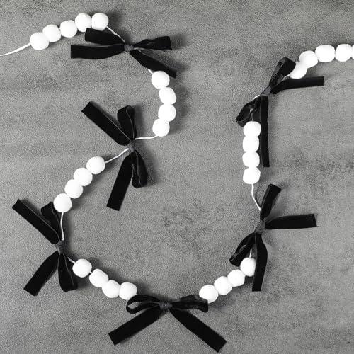 FineCheer 2 Pack Black Bow Decorations Black Bow Garland Banner Decor with Wool Felt Ball Pre-Strung Bows Party Decorations for Coquette Baby Shower Bridal Shower Party Supplies