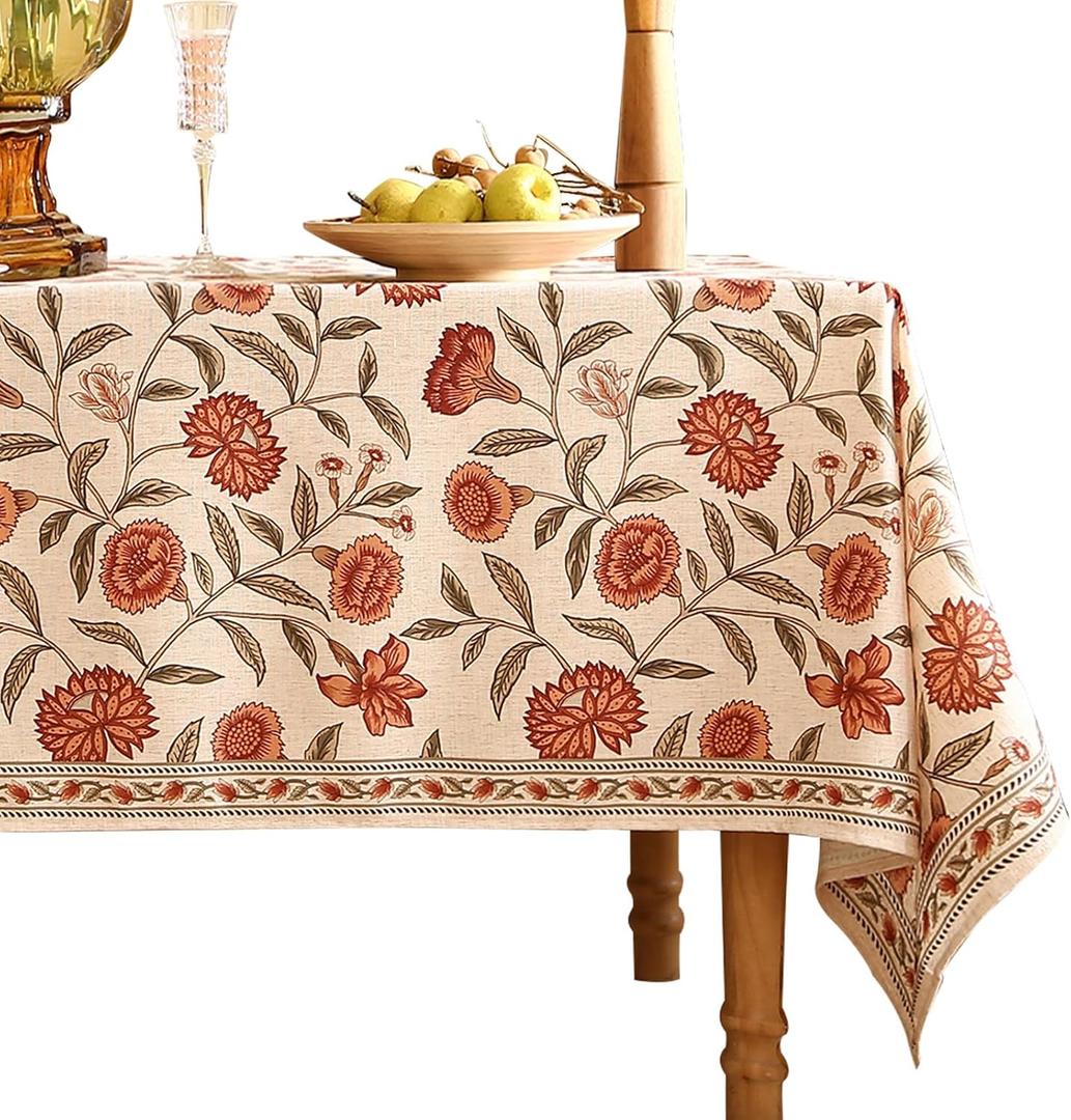 Floral Rectangular Tablecloth,Linen Table Cloth with Orange Flowers and Green Leaves Pattern,Heavy Durable Table Cover for Dining Thanksgiving Kitchen Party Banquet Christmas,63"*94"