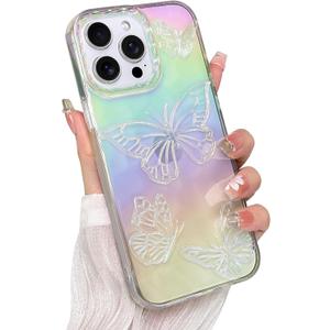 Cute Case for iPhone 14 Pro Max Case for Women Girls, with 3D Butterflies Pattern Design, Aesthetic Clear Iridescent Glitter Kawaii Girly Rainbow Protective Phone Cover