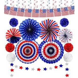 26Pcs 4th of July Decorations Patriotic Decor USA Flag String Red White Blue Paper Fans Star Streamer Pom Poms Hanging Swirls for Memorial Day,Fourth of July,Armed Forces Day,Flag Day