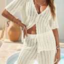 Saodimallsu Women Crochet 2 Piece Swimsuit Cover Up Short Sleeve Knit Tops Shorts Sets Summer Beach Vacation Outfit (Beige)