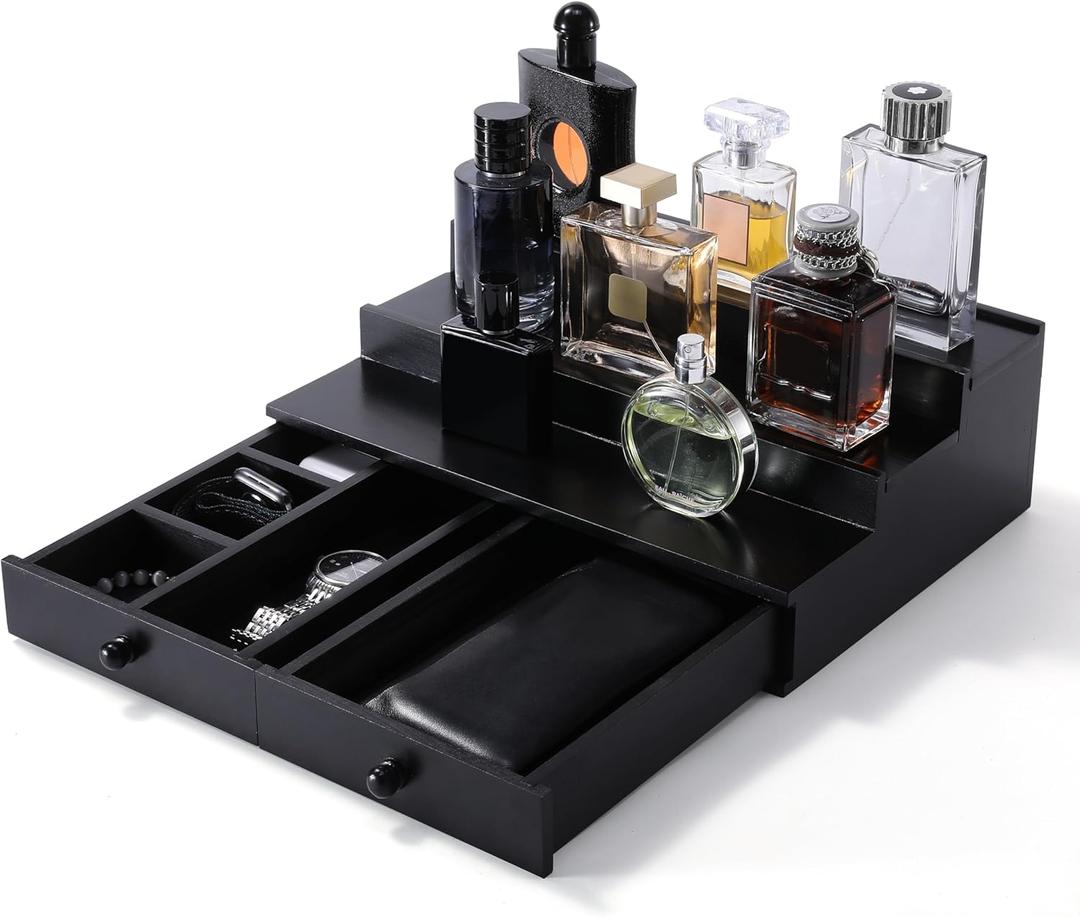 Cologne Organizer for Men, 3-Tier Cologne Stand with Drawer and Hidden Compartment, Wooden Cologne Shelf for Perfume Display Holder, Great Gift for Men, Black