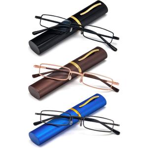 REAVEE 3 Pack Slim Pen Reading Glasses Small Tube Stylish Readers for Men Women Spring Hinged with Portable Clip Case, Black Brown Blue 2.0