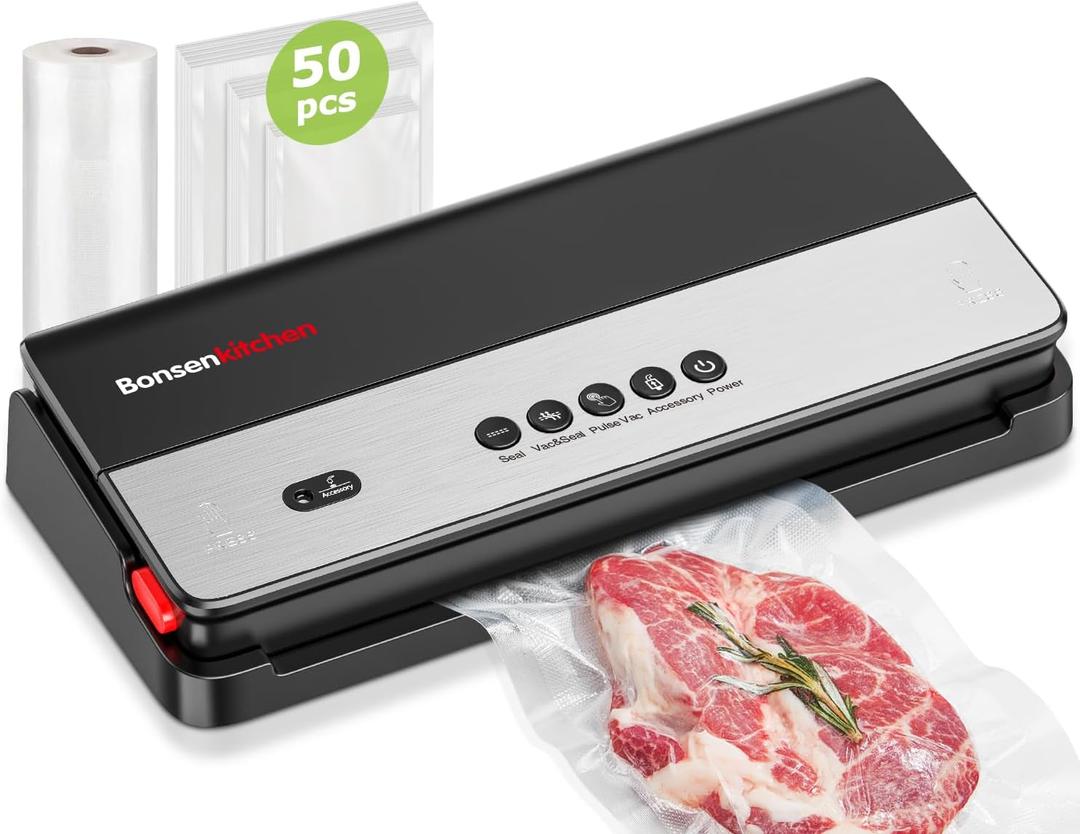 Bonsenkitchen Vacuum Sealer Machine, Multi-Functional Food Sealer, Built-in Cutter & Bag Storage, Globefish Technology for High-Speed Continuous Working, Include 50 Vacuum Bags & 1 Roll Bag, Black (50 Bags)