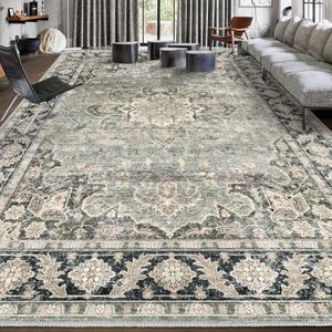 9x12 Area Rugs - 9x12 Washable Area Rug Indoor Vintage Rug Print Rug Low-Pile Floor Carpet for Living Room, Bedroom (Olive Charcoal)