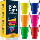 JoyServe Kids Cups - (Set of 6) - 10oz Toddler Cups with Straws for Kids - Stackable BPA-Free Plastic Sip-A-Cup Drink Tumblers for Water, Juice, Milk - Dishwasher Safe, Everyday Use, Neon Colors