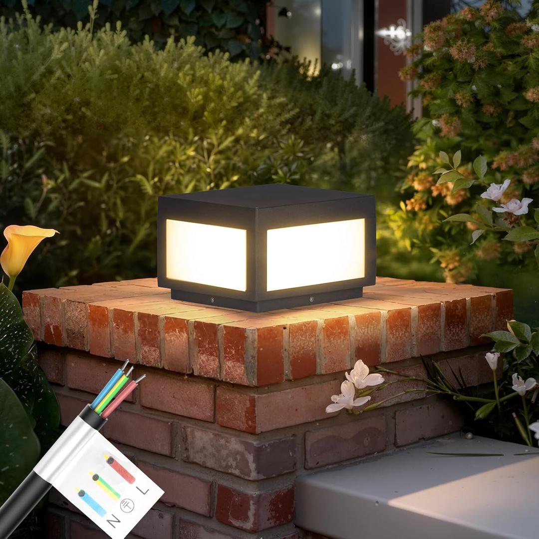 Outdoor Post Lights Hard Wired, 9.8" Pillar Lights Waterproof, AC100-240V LED Column Lamp, Electric Modern Fence Deck Cap Lantern 3000K Lighting for Patio Garden Driveways Entrances Posts