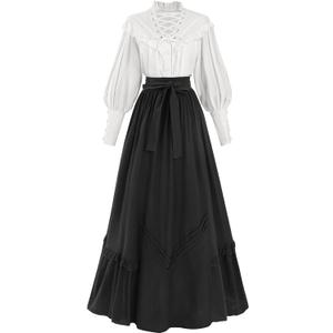 LTAKK Victorian Dress for Women Edwardian Renaissance Costume Medieval Vintage 1800s Dresses 2 Piece (X-Large, Black)