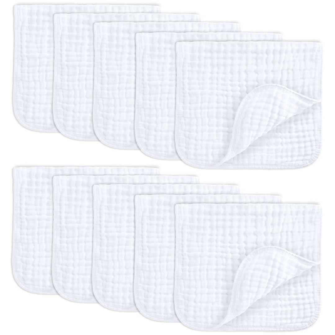 Comfy Cubs Muslin Burp Cloths 20" x 10", Pack of 10 - Large, 6-Layer, Ultra Absorbent 100% Cotton for Baby Drool and Messes - Soft, Safe & Gentle Baby Burp Cloths for Boys & Girls - White