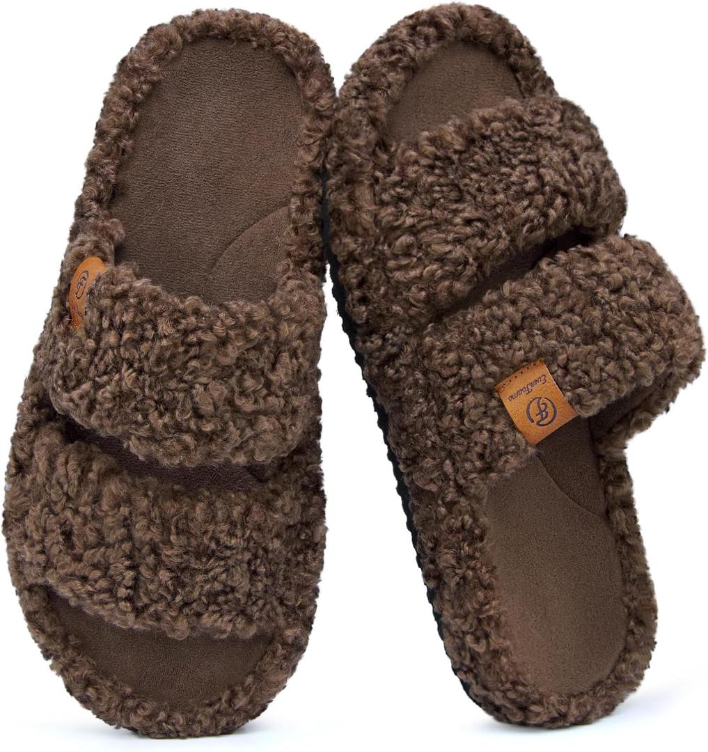 EverFoams Womens Fuzzy Open-toe Slippers Soft Comfy Memory Foam Indoor House Shoes (7-8, Elegant Mocha)