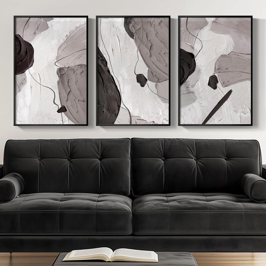 Framed Black and White Modern Abstract Wall Art, 3 Piece Canvas Prints Paintings Artwork for Walls, Minimalist Black White Grey Pictures for Living Room Dining Room Bedroom Office Wall Decor 16x24 In