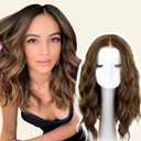 Brown Highlight Short Wavy Wig for Women Shoulder Length Middle Part with Pre Cut Lace Hairline Wavy Wig Natural Appearance Synthetic Heat Resistant Fiber for Everyday Hairstyle 16 Inch
