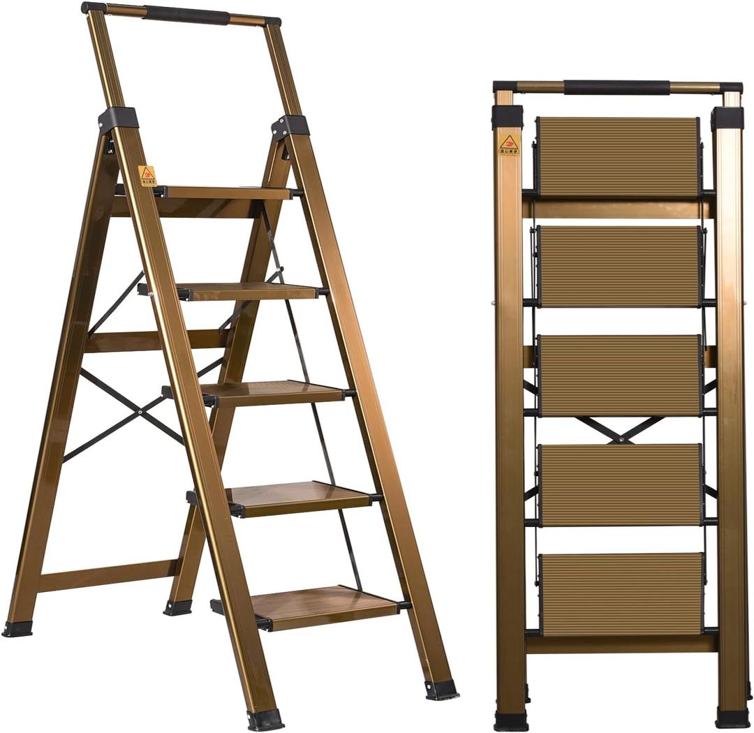 XinSunho 5 Step Ladder, Aluminum 5 Step Stool with Retractable Handrail and Anti-Slip Wide Pedal, Folding Stool Ladders 5 Steps, 330lbs Safety Household Slim Ladder (Brown Gold)