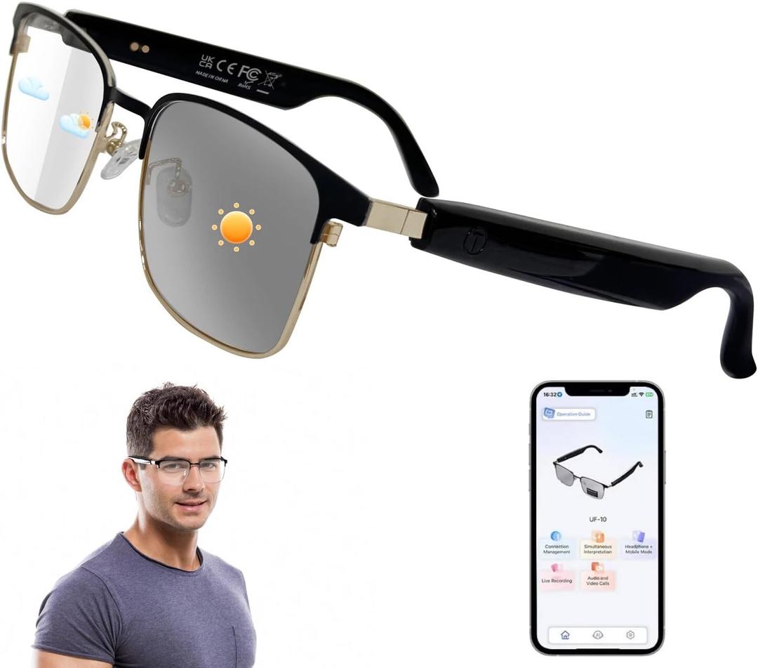 AI Smart Glasses with ChatGPT, Bluetooth Glasses for Men & Women, Photochromic Lenses, Real-Time Translation in 160+ Languages via APP, AI Glasses with Speakers for Indoor Outdoor (Gold)