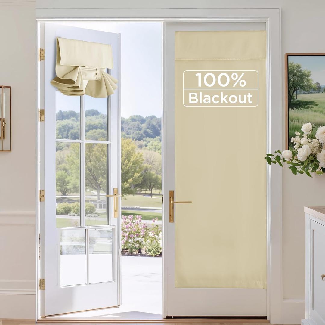 RYB HOME 100% Blackout French Door Curtain, Door Window Curtains Room Darkening No Coating Thermal Insulated Privacy Protection Adhesive Cover for Glass Window, W 26 x L 72, 1 Panel, Biscotti Beige