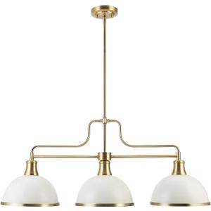 GLOBE Electric 60885 3-Light Linear Chandelier, Matte White, Brass Accents, Adjustable Hanging Height, Sloped or Vaulted Ceiling, Modern Dimmable Lighting for Kitchen Island or Dining Room
