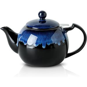 Tea Pot with Infuser for Loose Tea, 34 ounce Ceramic Teapot with Infuser, Enough For 6 Cups, Tea Pots with Tea Strainers for Tea Party, Reactive Glaze (Nebula Blue)
