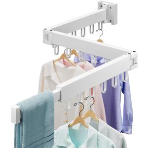 Abiglifty Clothes Drying Rack Wall Mounted, Laundry Drying Rack Collapsible, Foldable & Retractablewith 18 Hooks for Indoor/Outdoor Use inLaundry Room, Bathroom & Balcony (White)