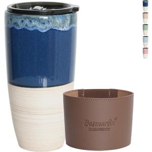 Bosmarlin Ceramic Travel Coffee Cup with Lid, 21 oz, Portable Coffee Mug for Car Cup Holder, Microwave and Dishwasher Safe, Reactive Glaze (Deep Blue)