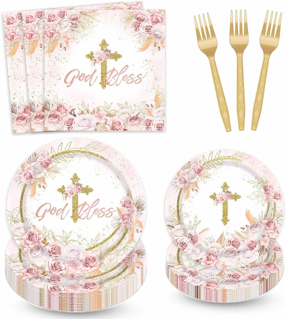 Baptism Plates and Napkins First Holy Communion Party Decorations, Boho God Bless Floral Mi Bautizo Christening God Bless Supplies for 24