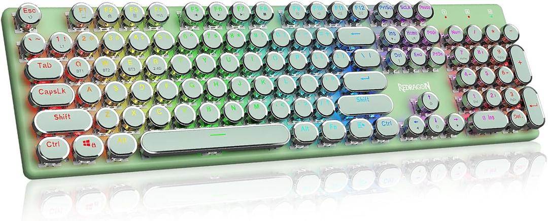Redragon K710 Wireless Typewriter Mechanical Gaming Keyboard, Bluetooth/2.4Ghz/Wired, RGB Led Backlit, Blue Switch - Clicky, Rechargeable, Solid Metal Panel, Round Keycaps, Green