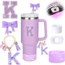 MOTEERLLU 6pcs Purple Stanley Cup Accessories Set,Bow Straw Cover for Stanley Cup 30oz 40oz, Including Straw Topper,Spill Proof Stopper,Sparkly Silicone Boot Set,Handle Charm,Initials Sticker (K)