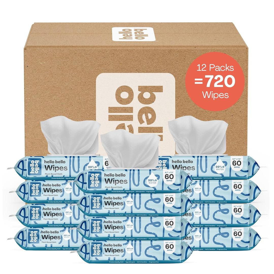 Hello Bello Extra Gentle Unscented Baby Wipes, Plant Based, Made with 99% Water and Aloe for Babies and Kids, 720 Count (60 Count (Pack of 12))