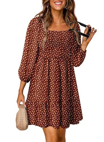 Dokotoo Fall Dresses for Women 2025 Beach Vacation Clothes Boho Smocked Square Neck 3/4 Sleeve Ruffle Bohemian Floral Printed Casual Empire Waist Mini Dress A-Line Short Dress Sundress Red Small