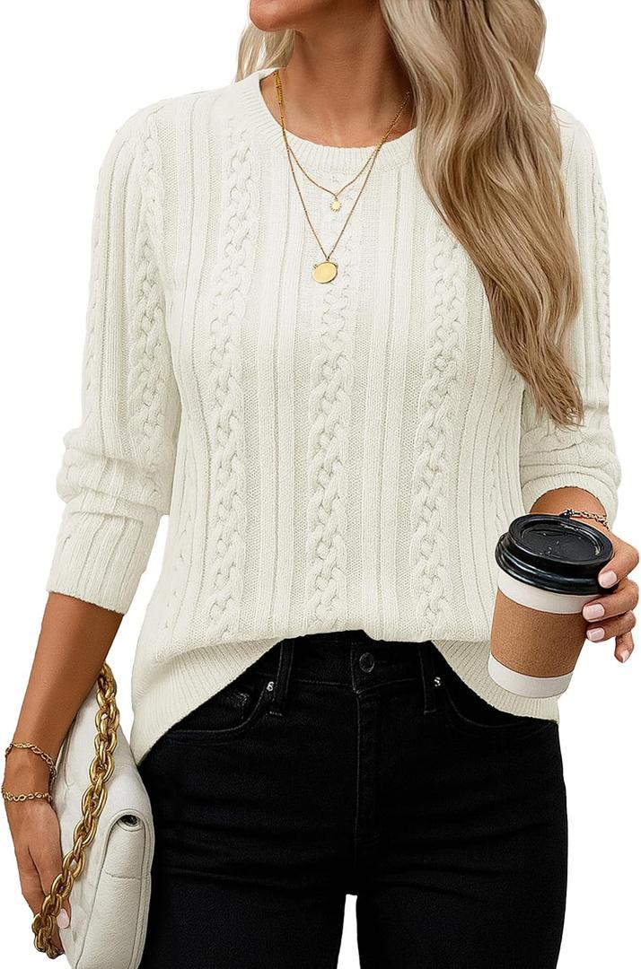 YUCOLEN Womens Sweater Cable Knit Long Sleeve Pullover Top Casual Crew Neck 2025 Fall Trendy Lightweight Sweaters Outfits (Medium, Beige White)