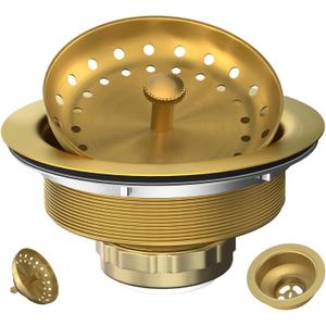 Kitchen Sink Drain Gold Sink Drain Strainer with Fixed Post 3-1/2 Inch Kitchen Drain Assembly with Strainer Basket and Drain Stopper for Standard Kitchen Sink Stainless Steel Brushed Gold