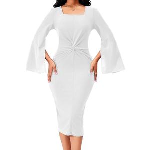 White Business Dress for Women Sexy Elegant Long Cloak Sleeve Waist Twist Cocktail Pencil Length Slit Dresses with Zipper (Large) 2 Pack