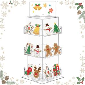 Marsui 3 Tier Rotating Sticker Display Stand, 4 Sided Sticker Holder, 360 Rotating No Assembly Required Clear Acrylic for Christmas Stickers, Greeting Card, Postcard(12.6 x 5.9 x 5.9 Inches)