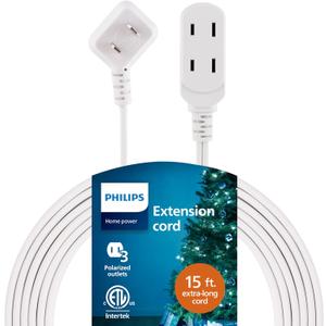 Philips Extension Cord, 15 Ft, 3-Outlet Flat Plug Extension Cord, Flat Extension Cord with Multiple Outlets, 2 Prong Extension Cord, Safety Slide Long Extension Cord, 1 Pack, White, SPS1032WE/27