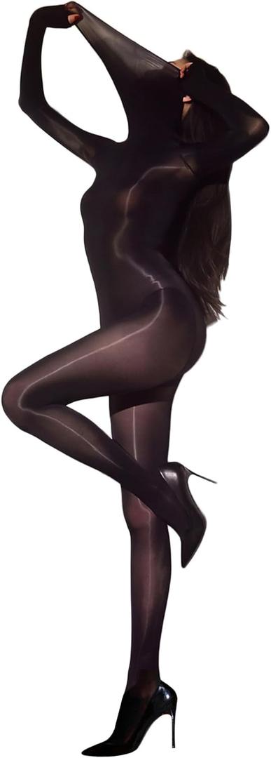 RUIBAVYA Body Stockings for Women Sexy Full Body Tights Oil Shiny Bodystocking High Neck Nylon Catsuit Shimmer Bodysuit (Black)