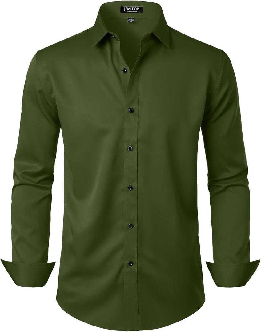 JEMITOP Men's Stretch Wrinkle Free Dress Shirt Formal Prom Wedding Long Sleeve Button Down Shirts (Green, M)